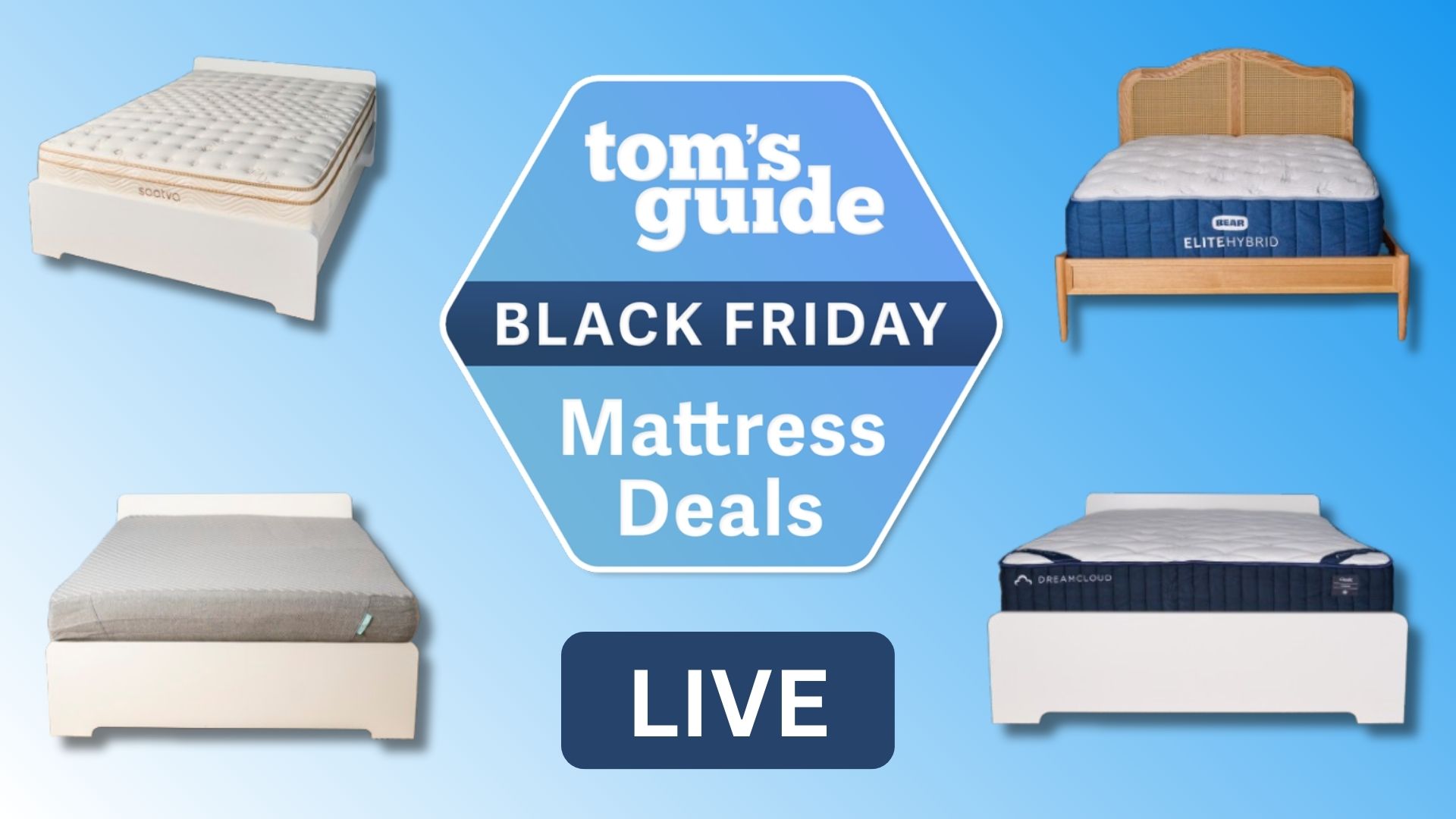 A hexagon-shaped Black Friday mattress deals hub badge surrounded by four mattresses. The word LIVE is on the bottom center of the image.