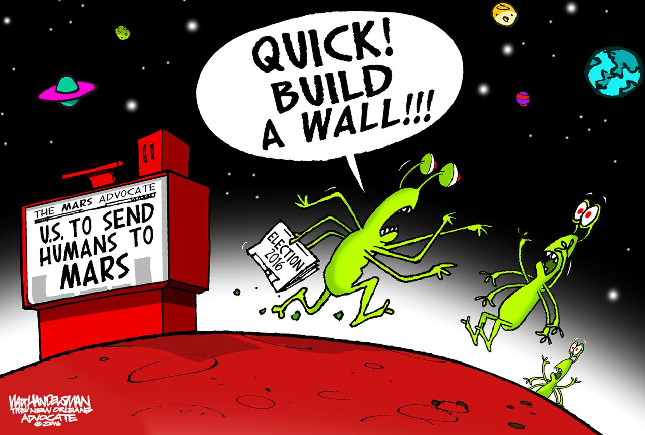 Editorial cartoon U.S. Americans on mars build wall