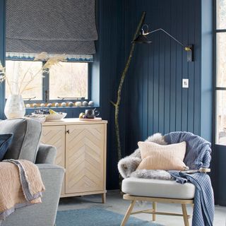 Living room with blue panelled walls and grey and pale wood furniture