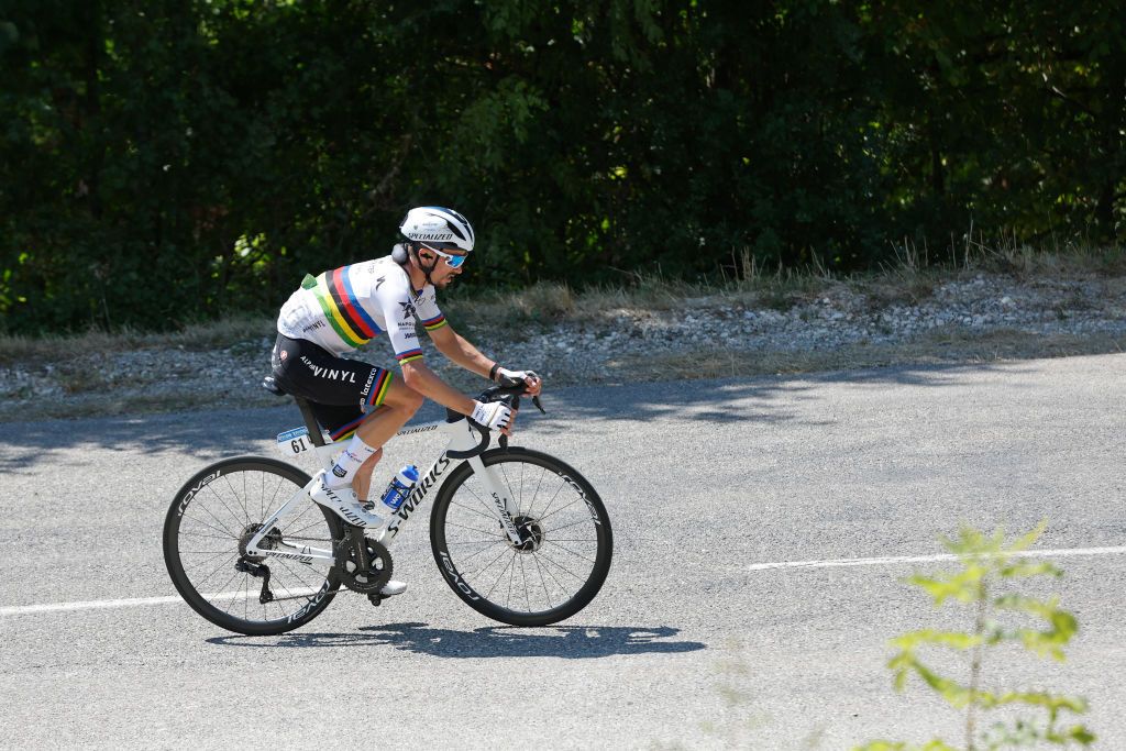 LLEX FRANCE AUGUST 11 Julian Alaphilippe of France and Team QuickStep Alpha Vinyl competes in the breakaway during the 34th Tour de lAin 2022 Stage 3 a 131km stage from Plateau dHauteville to Llex 904m TDA22 on August 11 2022 in Llex France Photo by Bas CzerwinskiGetty Images