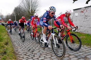 NINOVE BELGIUM FEBRUARY 27 Silvan Dillier of Switzerland and Team AlpecinFenix Jean Pierre Drucker of Luxembourg and Team Cofidis during the 76th Omloop Het Nieuwsblad 2021 Mens Race a 2005km race from Ghent to Ninove Wall of Geraardsbergen Mur de Huy De Muur Cobblestones OmloopHNB OHN21 FlandersClassic on February 27 2021 in Ninove Belgium Photo by Luc ClaessenGetty Images