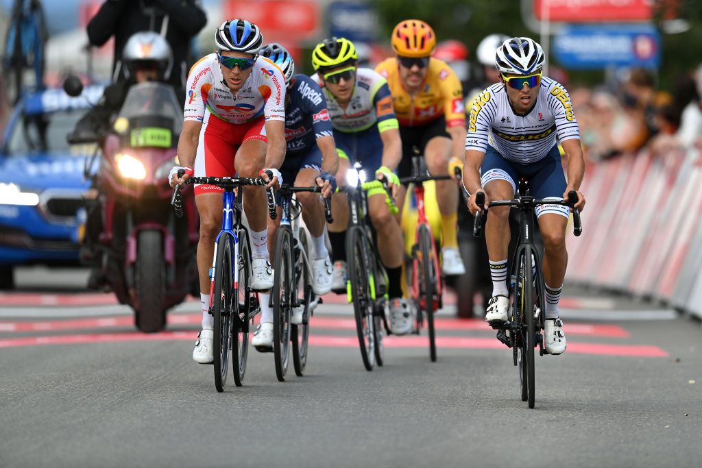 HARSTAD NORWAY AUGUST 08 LR Niki Terpstra of Netherlands and Team Total Direct Energie Alexandre Delettre of France and Team DELKO in the Breakaway during the 8th Arctic Race Of Norway 2021 Stage 4 a 1635km stage from Gratangen to Harstad 54m ArcticRace on August 08 2021 in Harstad Norway Photo by Stuart FranklinGetty Images