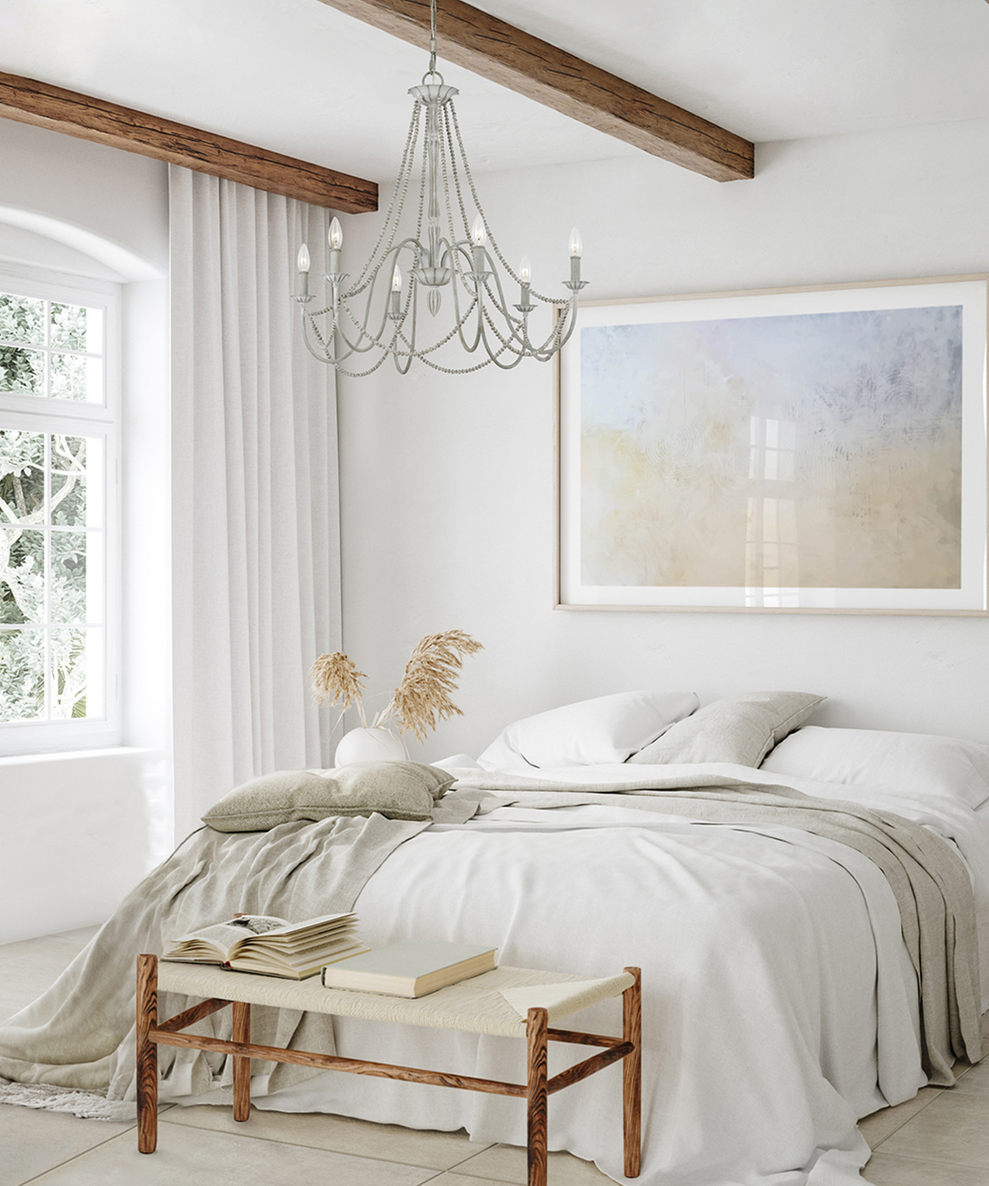 bedroom with white colour scheme, wooden ceiling beams and delicate metal chandelier hanging above bed
