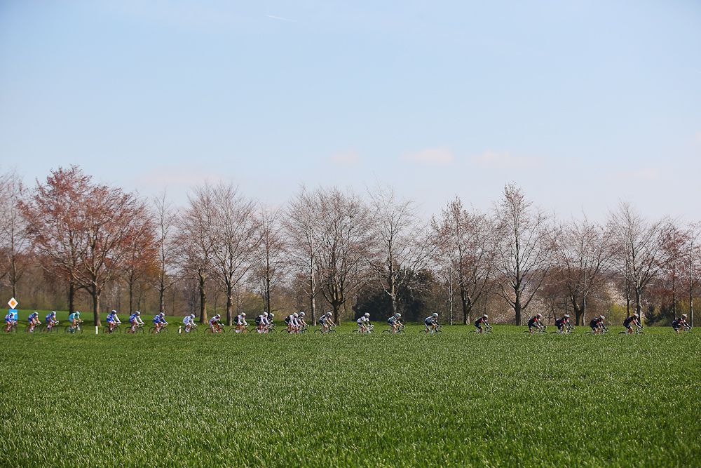 The peloton rides through the Belgian countryside during the 79th La Fleche Wallonne.