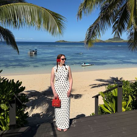 Fashion editor Erin Fitzpatrick wears a polka dot dress in Fiji 