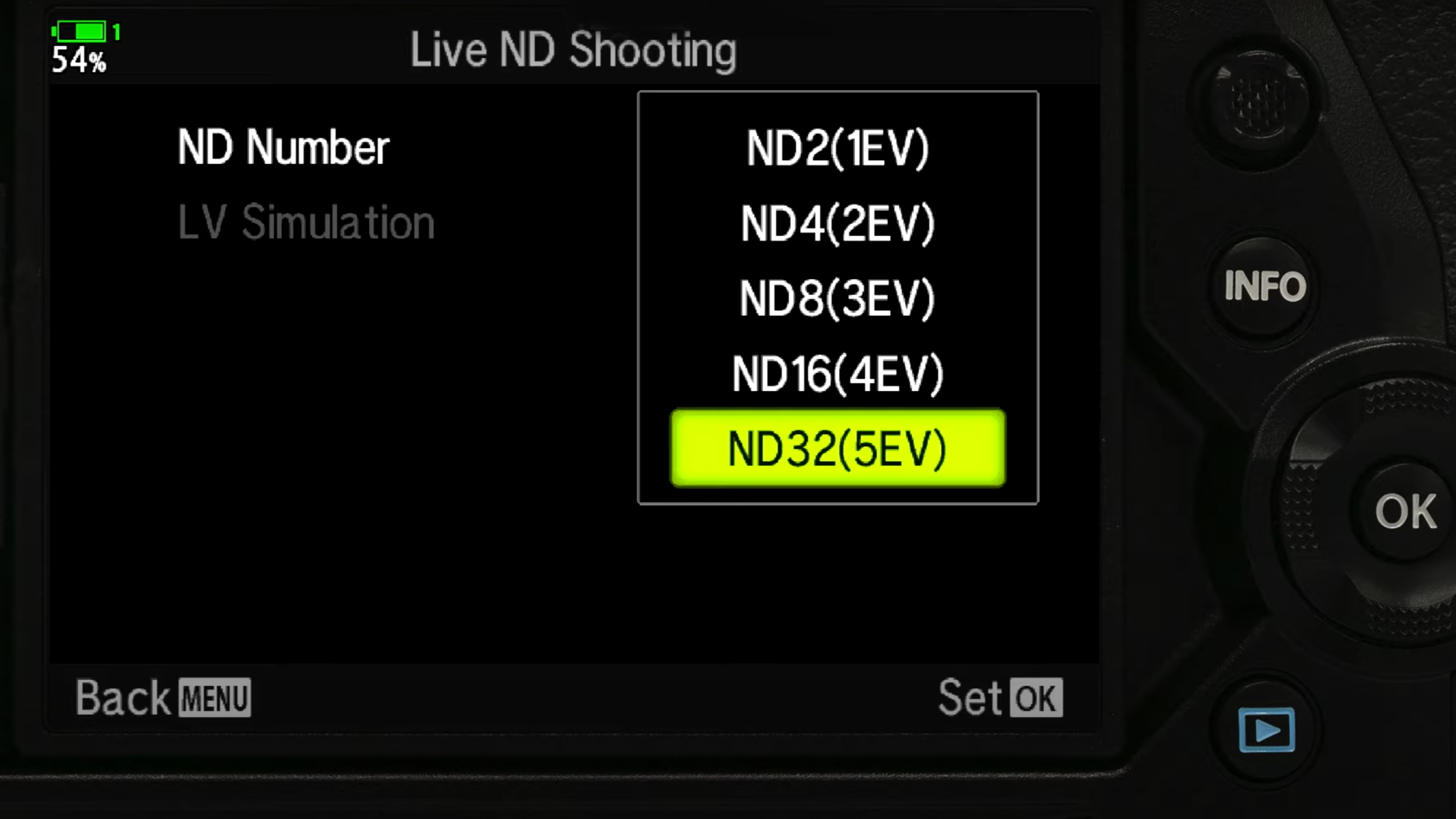 Camera menus showing Olympus' Live ND feature