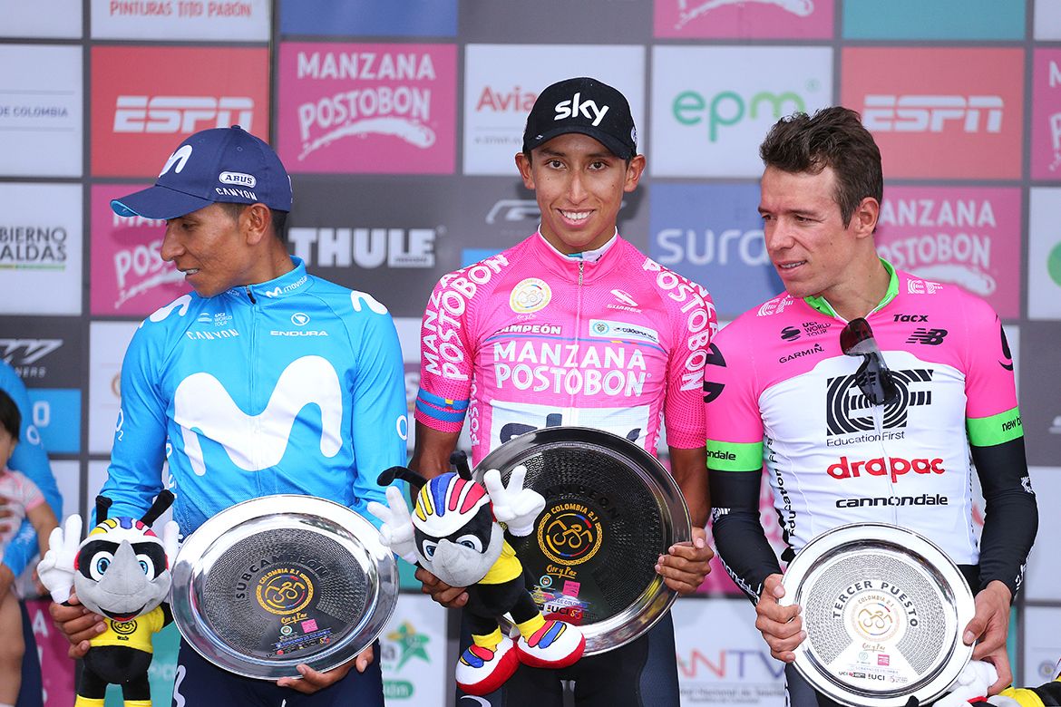 Egan Bernal on top step of the final podium with Nairo Quintana second and Rigoberto Uran third