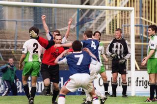 Goalkeeper Jimmy Glass celebrates after scoring the winning goal for Carlisle United against Plymouth Argyle to keep Carlisle in the Football League, May 1999