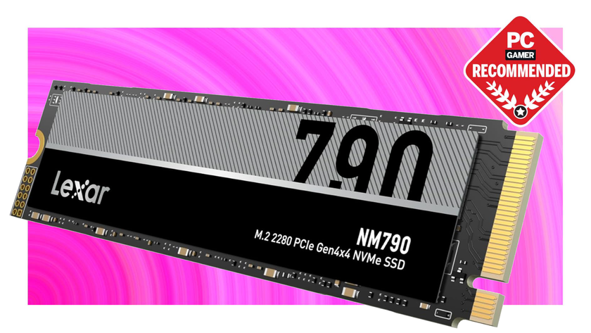 The Lexar NM790 1 TB floats in the swirling pink PC G Prime Day deal void.