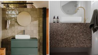 Collage of two bathrooms showing warm tone materials including brown stone vanity basins to highlight key bathroom trends 2023