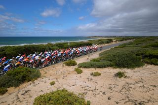 GEELONG AUSTRALIA FEBRUARY 02 Torquay beach Landscape Peloton Sea during the 6th Cadel Evans Great Ocean Road Race 2020 Elite Mens Race a 171km race from Geelong to Geelong CadelOfficial CadelRoadRace UCIWT on February 02 2020 in Geelong Australia Photo by Con ChronisGetty Images