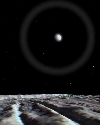 Artistic rendering of the surface of Enceladus. One of the active "tiger stripe" ridges crosses the scene in the foreground, its active areas a strong blue color indicating freshly exposed water ice. A hazy, bright Mimas hangs over the scene, surrounded by a faint moon ring or halo formed by refraction of light by fine, snowy particulates slowly falling to the surface.