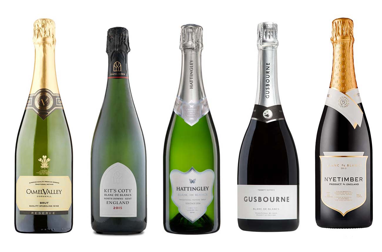 Five bottles of English blanc de blancs sparkling wines