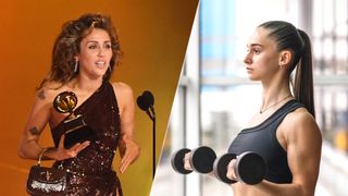 Left image Miley Cyrus accepting Grammy Award and right image woman performing dumbbell biceps curls