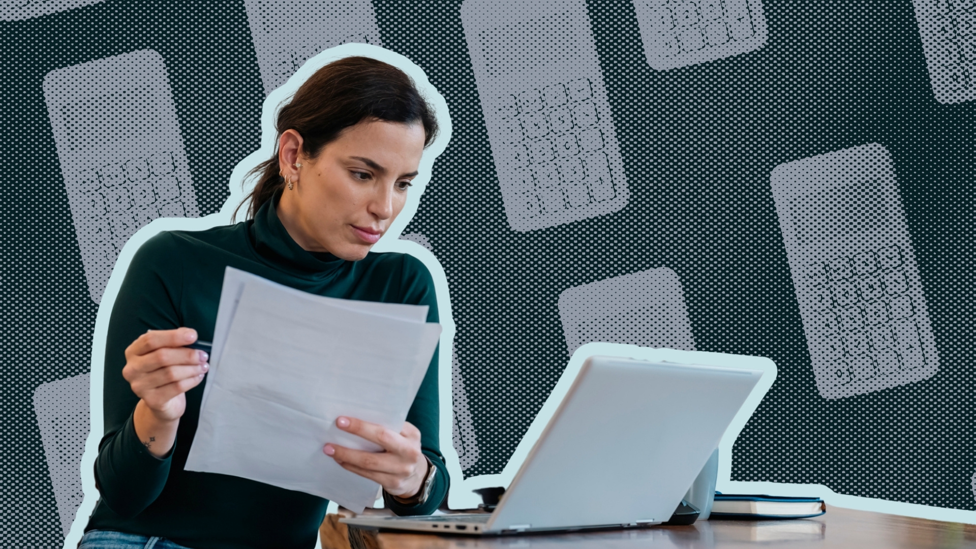 Woman sat with paperwork looking at laptop in concerned manner
