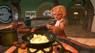 A hobbit standing over a pan in Tales of the Shire while they are cooking.