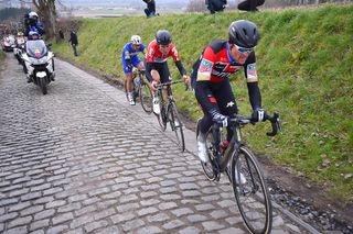 Greg Van Avermaet climbs one of the heligen in E3 Harelbeke with Tiesj Benoot and Phlippe Gilbert