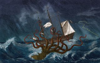 Colorized illustration of a kraken, or giant squid, attacking a ship, circa 1890.