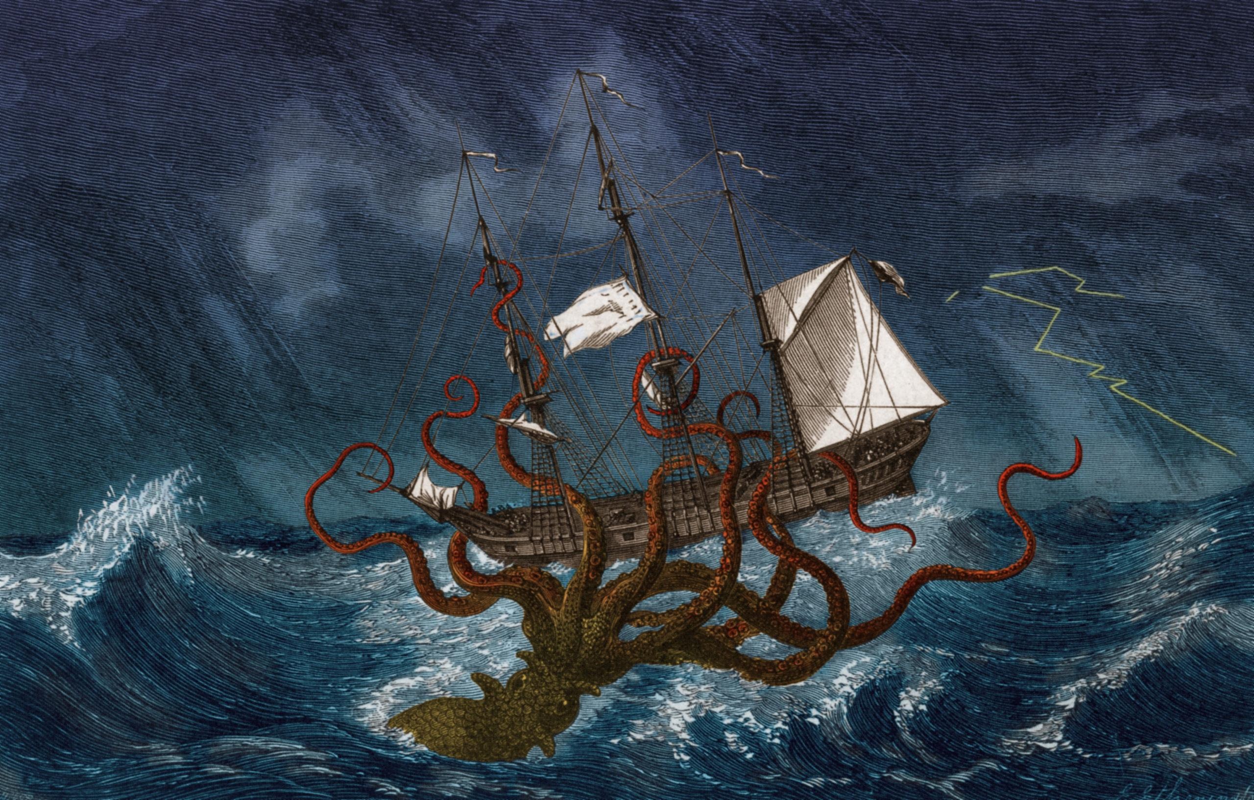 O ilustrație colorată a unui kraken sau a unui calmar uriaș care atacă o navă în jurul anului 1890.