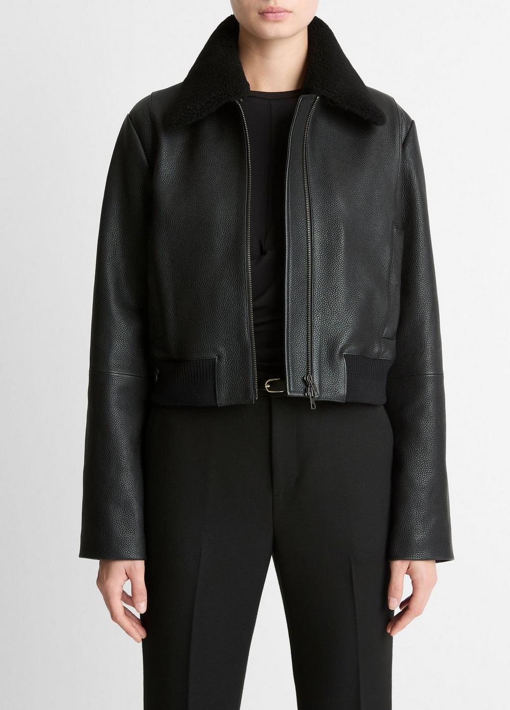 Shearling-Trim Shrunken Leather Jacket