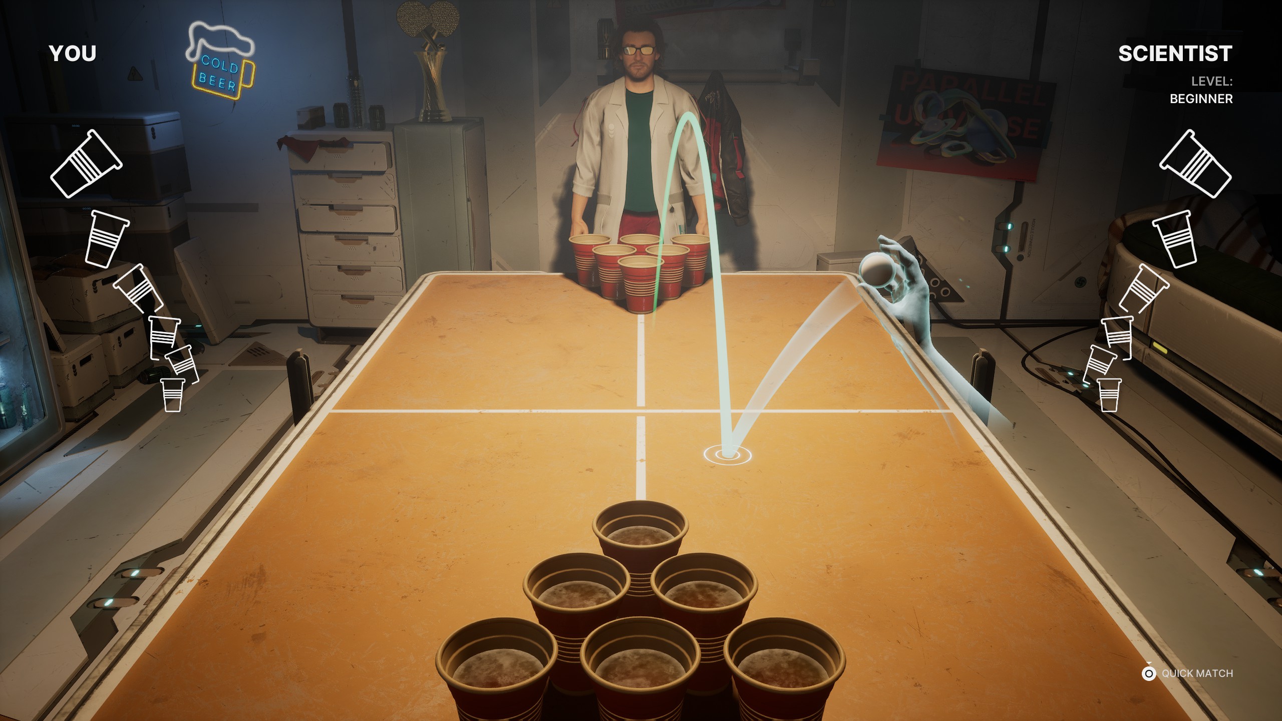 The Alters gameplay screenshot showing Jan playing beer pong against Scientist Jan