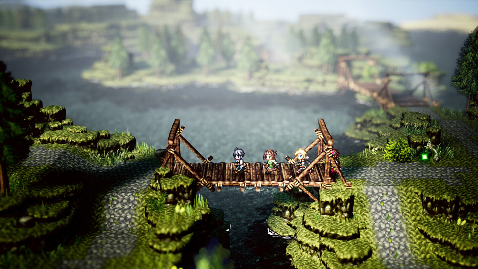 Characters cross a bridge over a river in a pixel art style