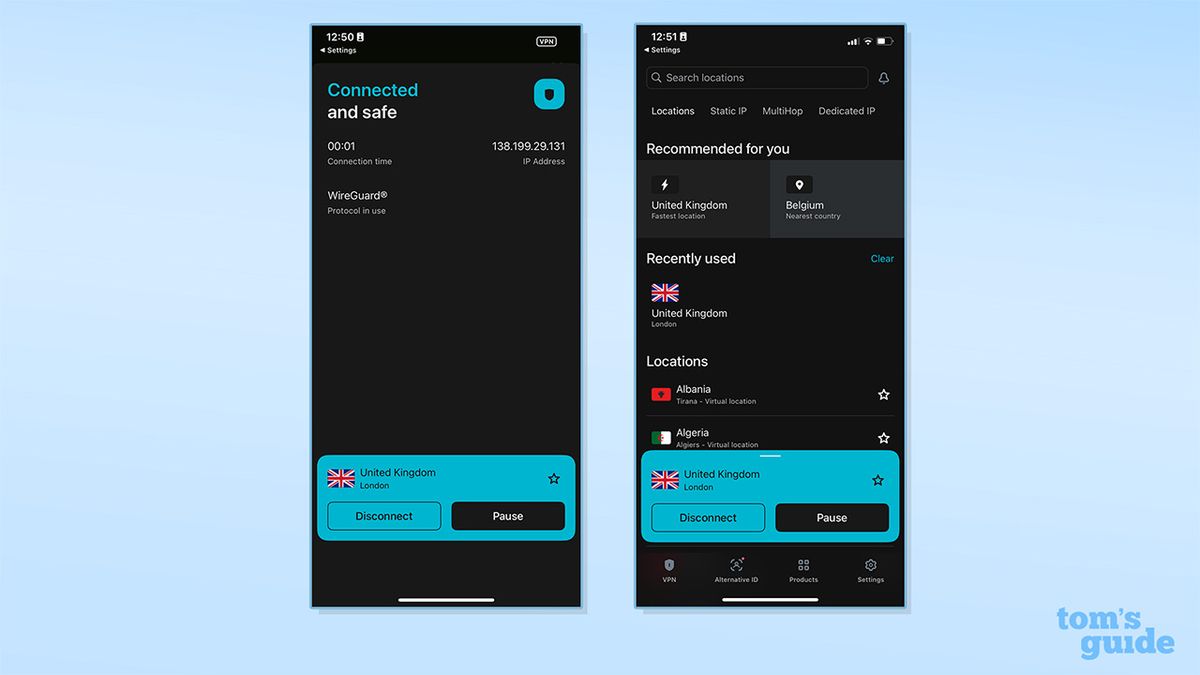 Two screenshots showing Surfshark's server list and homepage on its iOS app.