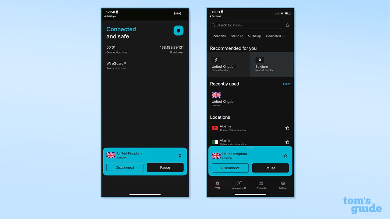 Two screenshots showing Surfshark's server list and homepage on its iOS app.