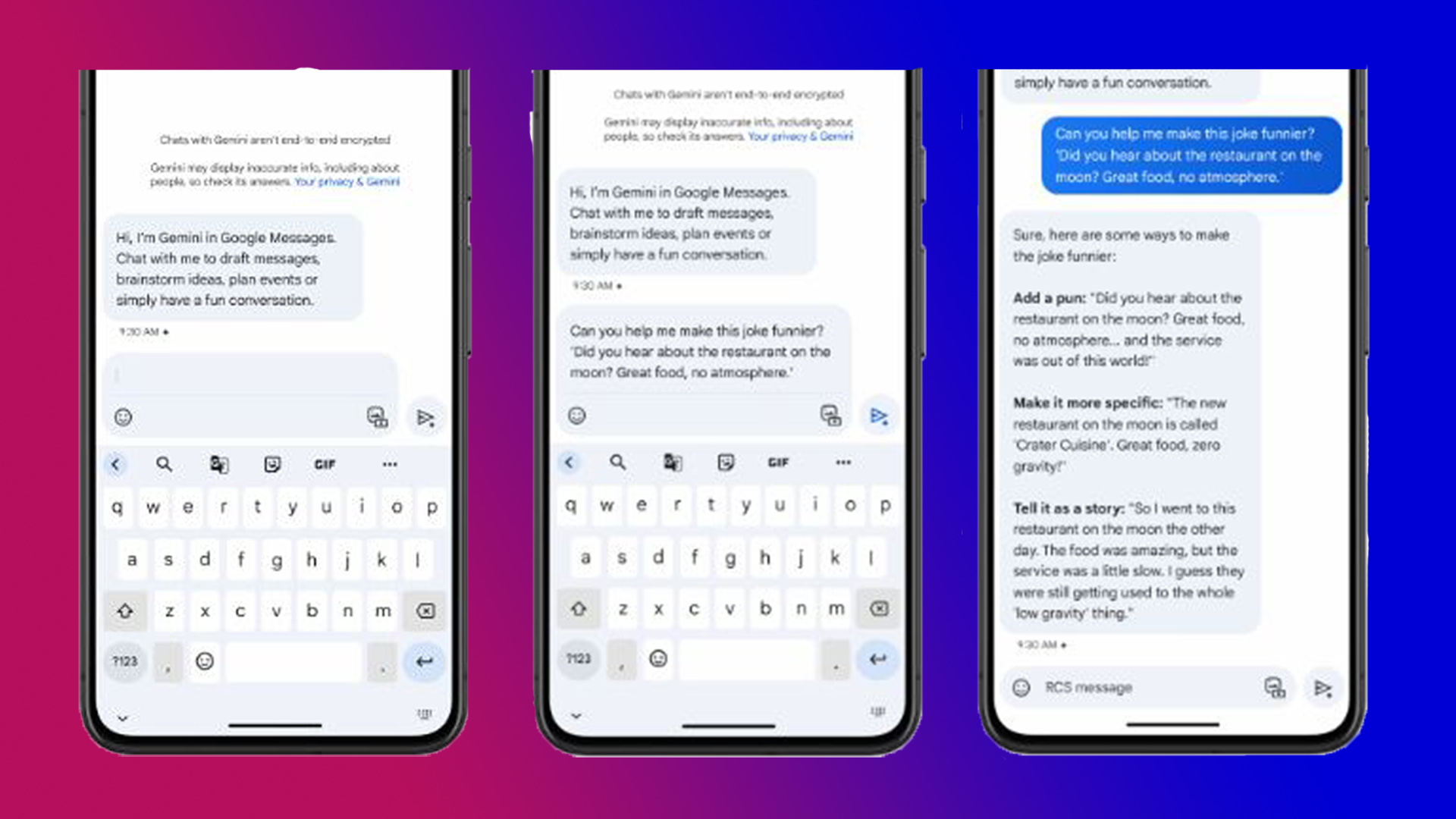 Screen captures of Google Gemini in Google Messages