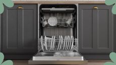 picture of open dishwasher in a grey kitchen to support an expert opinion on the best time of day to use your dishwasher
