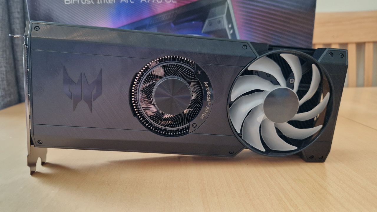 Acer Predator BiFrost Intel Arc A770 resting on a table close up