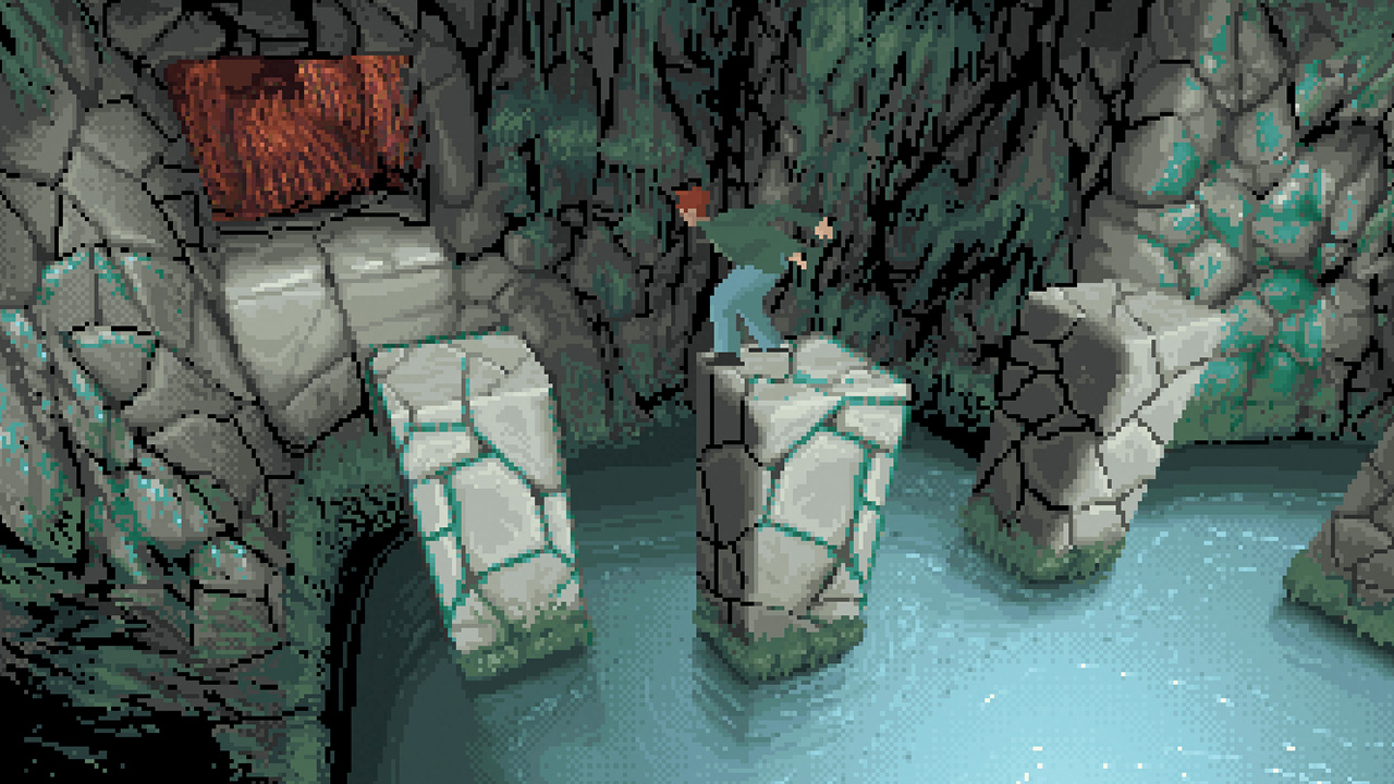 Edward Carnby jumps across stone pillars in Alone in the Dark 1992