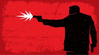 A silhouette of a man shooting a gun on a red background