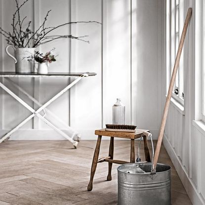 zinc bucket and mop on wooden floor