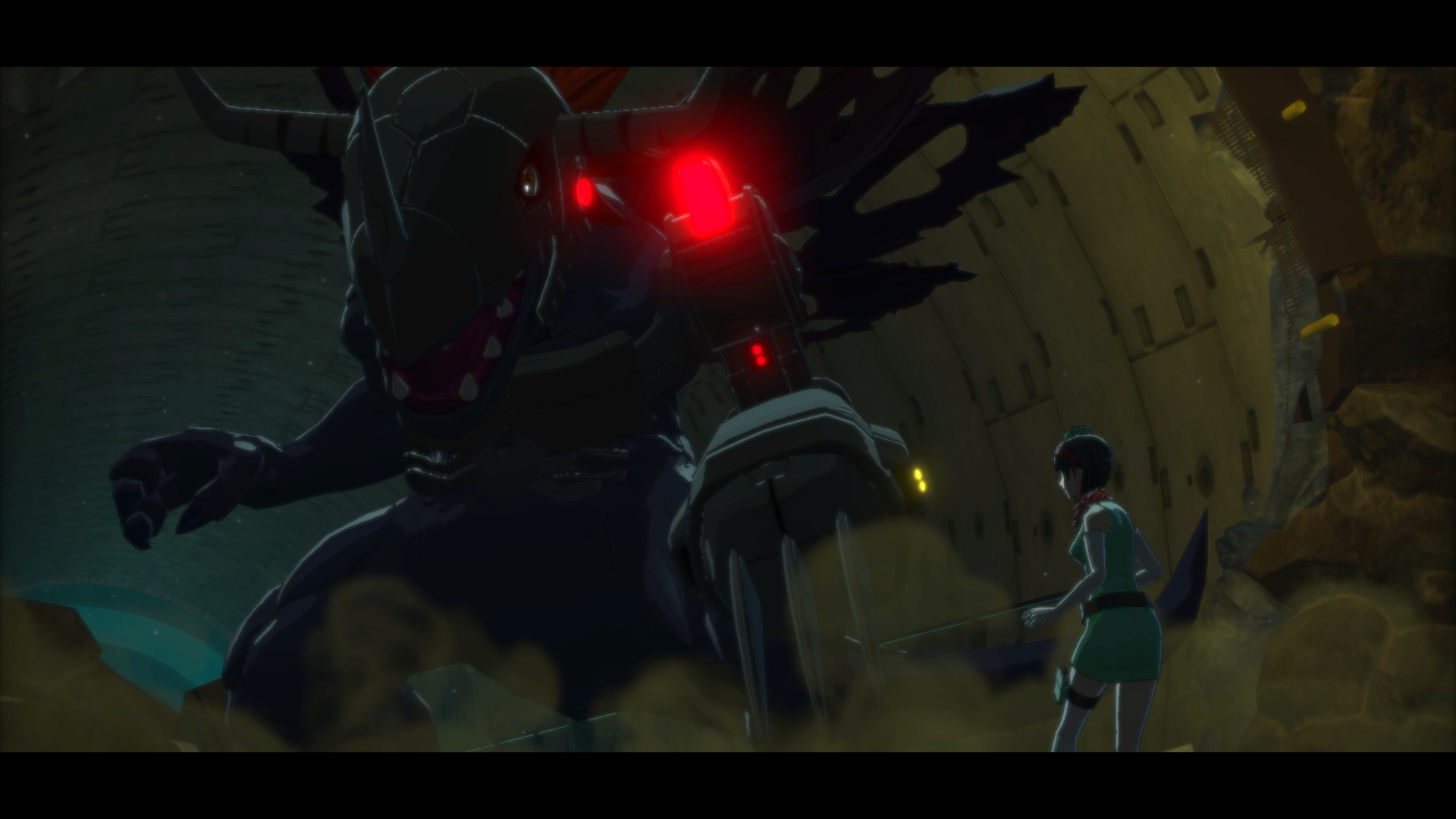 A metal greymon in darkness stands before a human in Digimon Story: Time Stranger