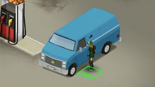 Project Zomboid - A player stands outside a blue van. A key icon above their head confirms they have hotwired the car.