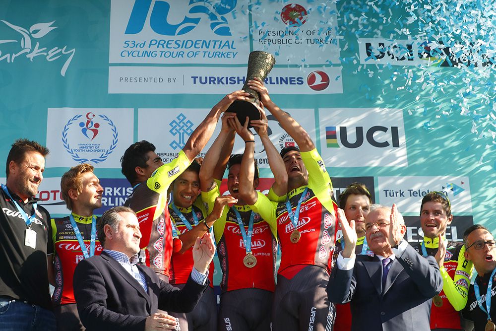 The Wilier Triestina riders celebrate winning the team prize