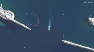 Close-up satellite photo of two dolphin pens in the Black Sea.