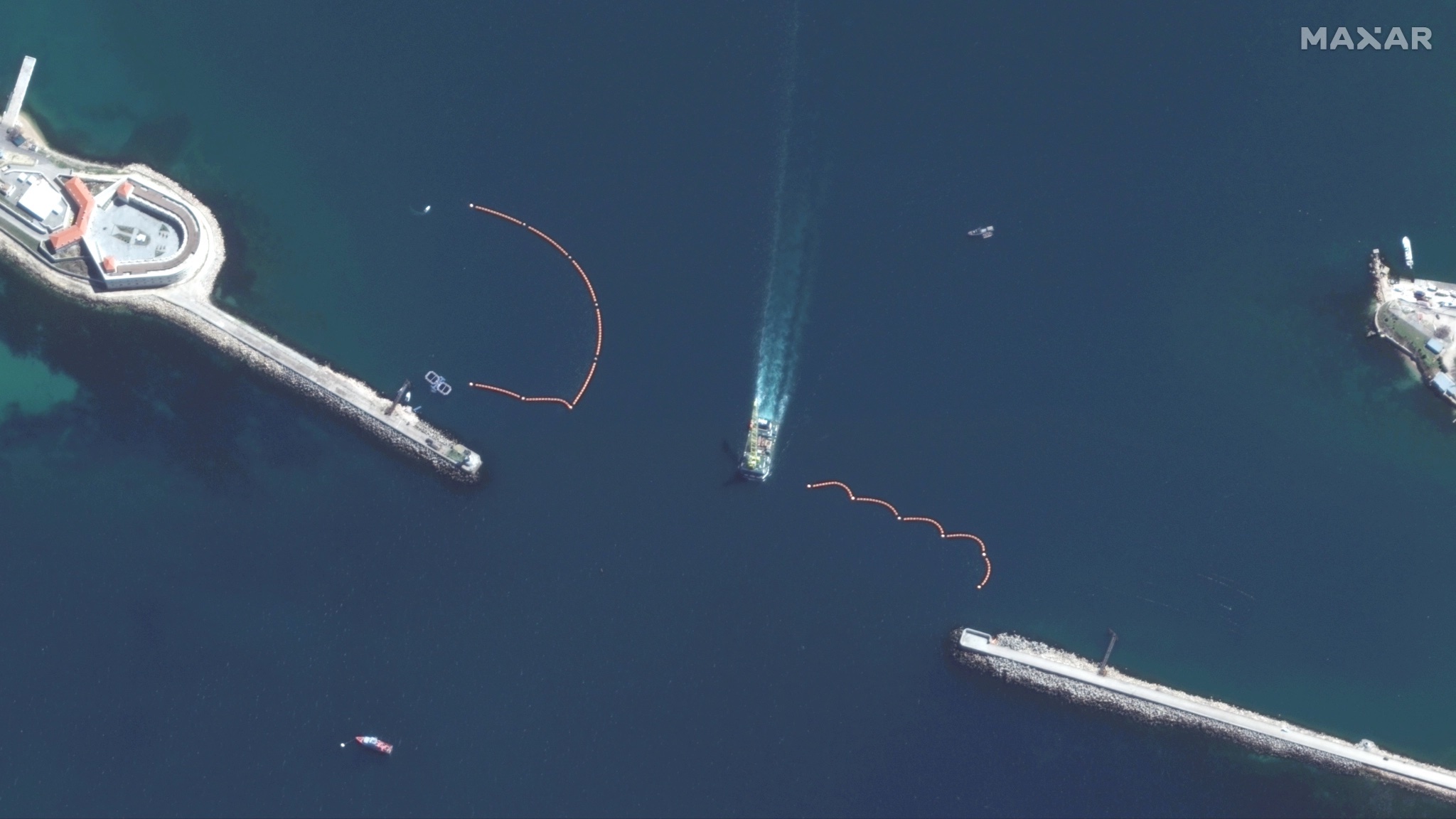 Close-up satellite photo of two dolphin pens in the Black Sea.