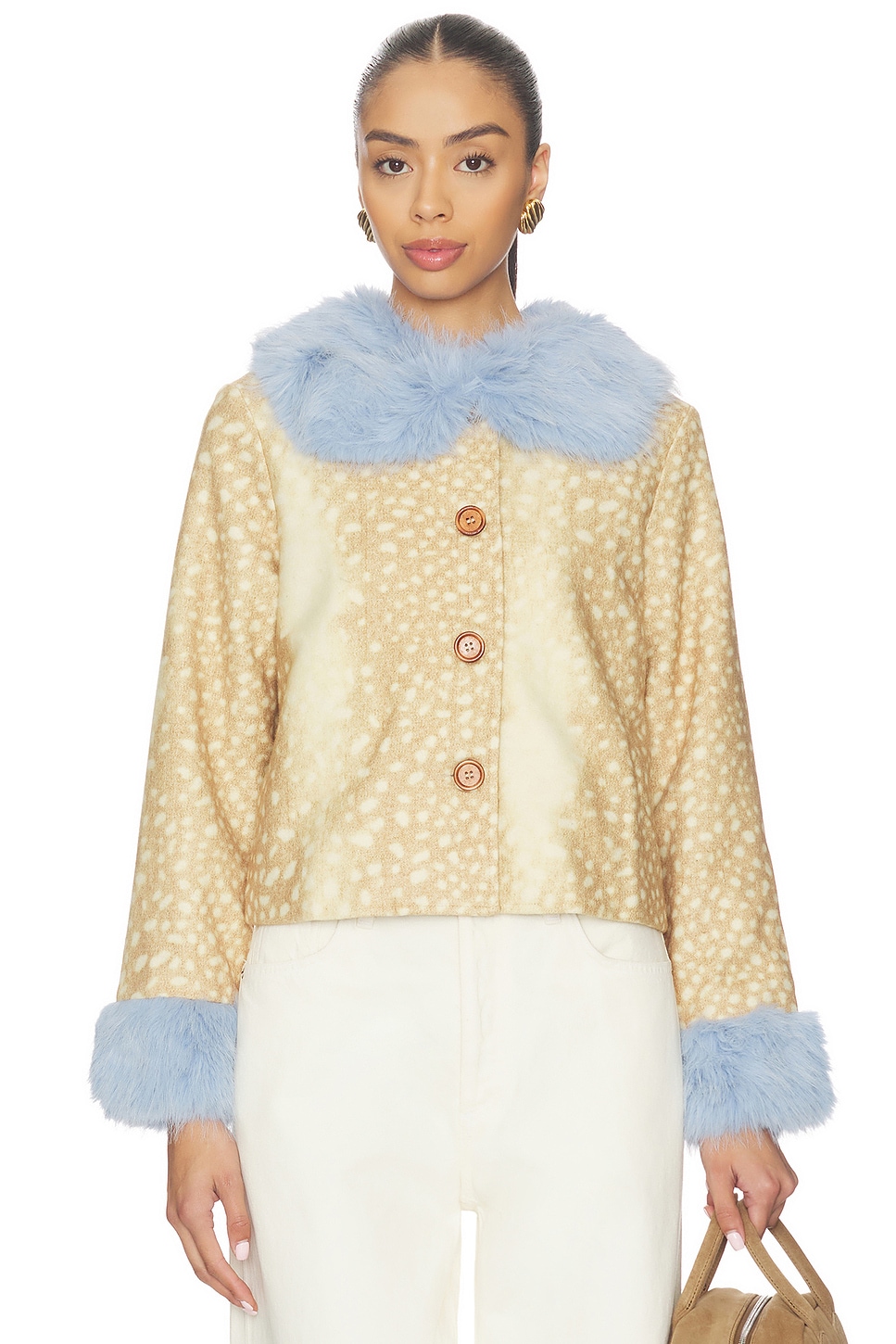 Deer Print Jacket With Blue Fur Trims