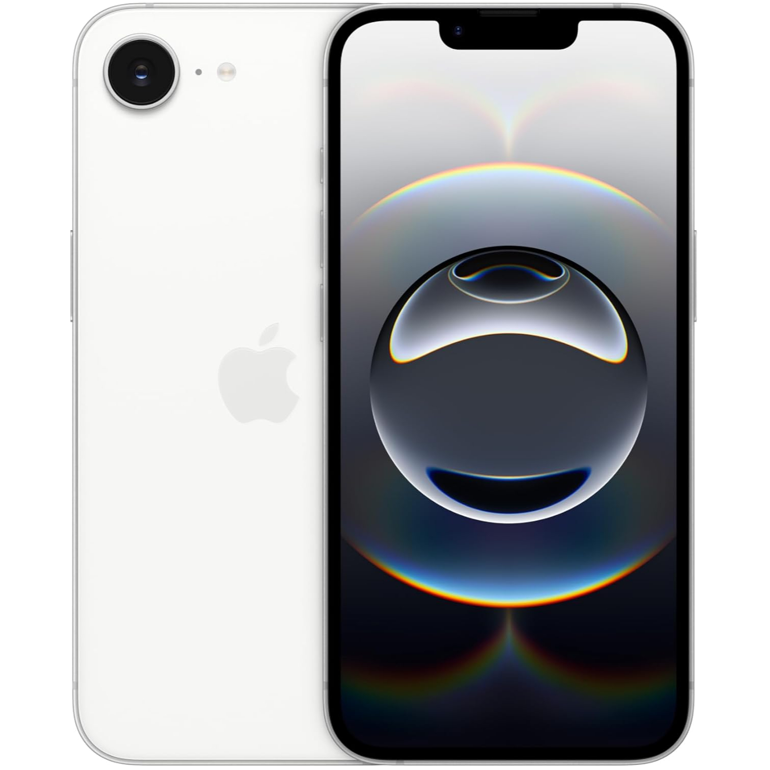 The black and white versions of the iPhone 16e pictured back to back against a white background