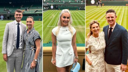 Three images of golf stars - (left) Ludvig Aberg and girlfriend Olivia Peet, Charley Hull (centre), and Justin Rose with wife Kate all at Wimbledon 2024