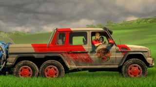 Roxie (Jamella Jamil) and Dave (Glen Powell) drive a truck in Jurassic World: Camp Cretaceous