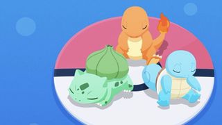Bisasam, Glumanda und Schiggy sitzen auf einem Pokéball in Pokémon Sleep