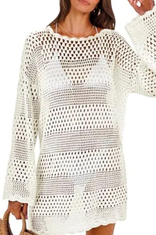 Anrabess Women Swimsuit Crochet Swim Cover Up 2025 Summer Bathing Suit Swimwear Mesh Knit Beach Dress Vacation Outfits Cream White Medium