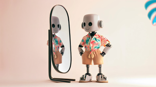 Robot AI tries on clothes in front of a mirror