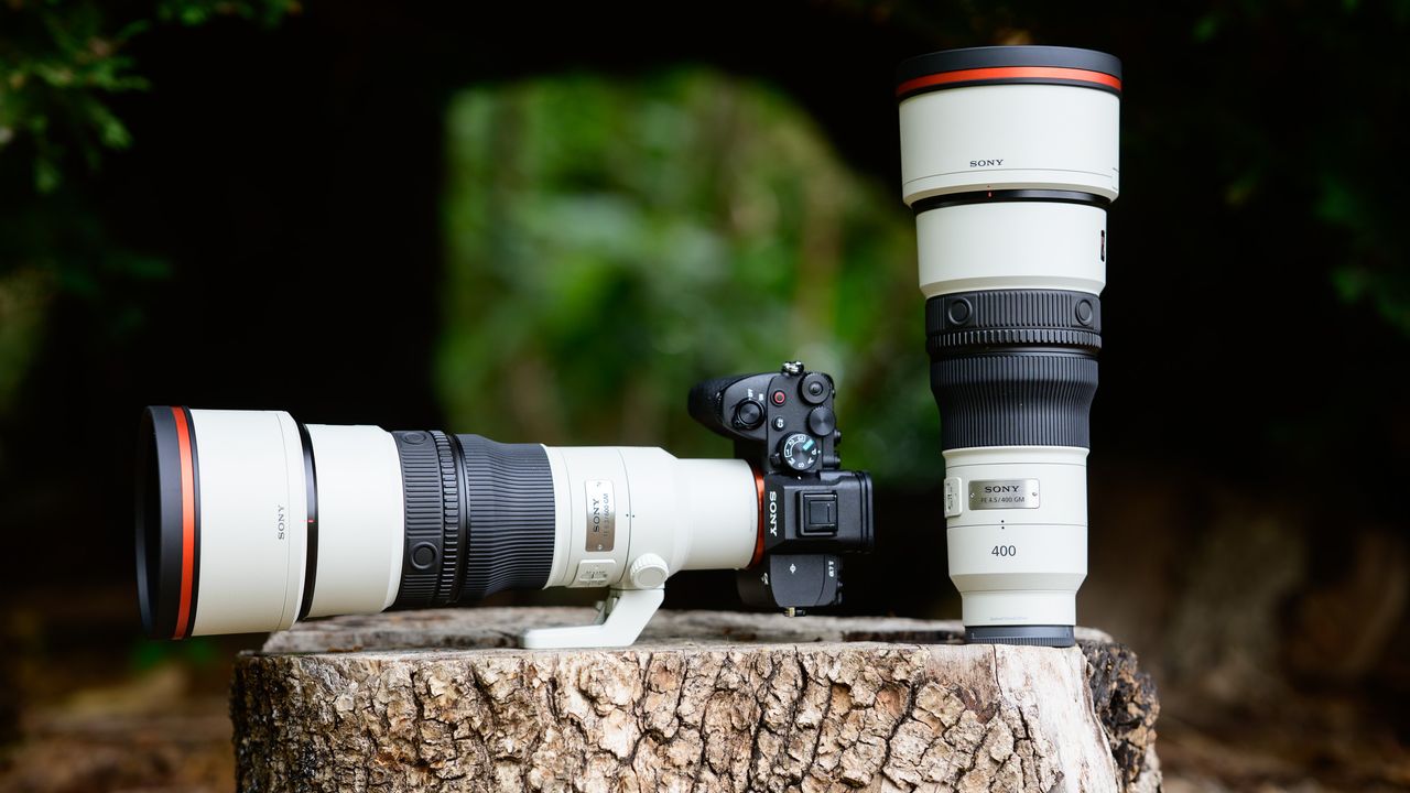 Sony FE 400mm F4.5 GM OSS and Sony FE 600mm F6.3 GM OSS super-telephoto lenses on a tree stump, with the 600mm attached to a Sony A7R V camera