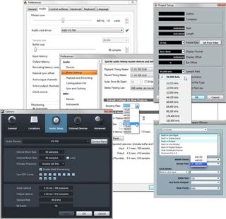 Fig. 2. Switching a program’s sample rate to 96kHz usually involves a setting in a preferences menu. Clockwise from top: Propellerhead Reason, Steinberg Cubase, MOTU Digital Performer, PreSonus Studio One Pro. Center: Cakewalk Sonar.
