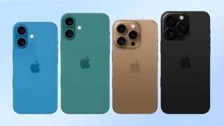 Line up of iPhone 16 models on a blue background