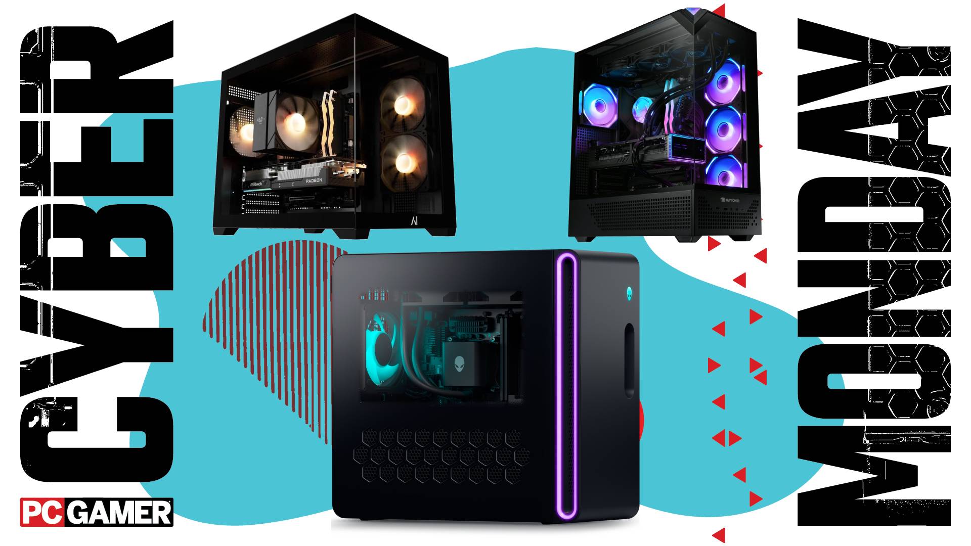 Three gaming PCs on a Cyber Monday background.
